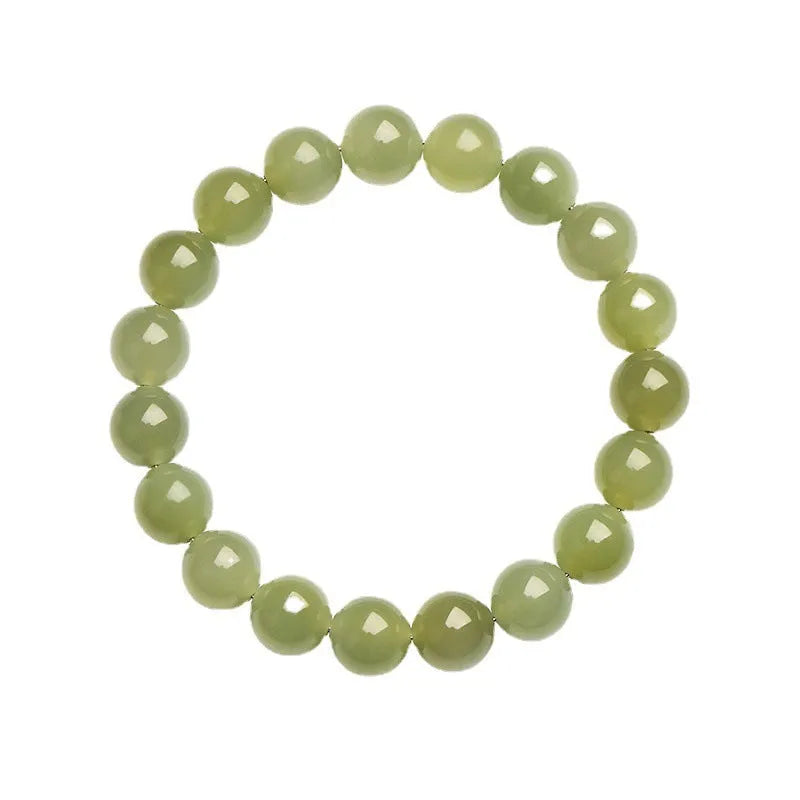Hetian jade bead bracelet in ice-like clear colour on a white background.