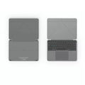 Grey wireless Bluetooth folding keyboard shown both folded and unfolded with mobile phone