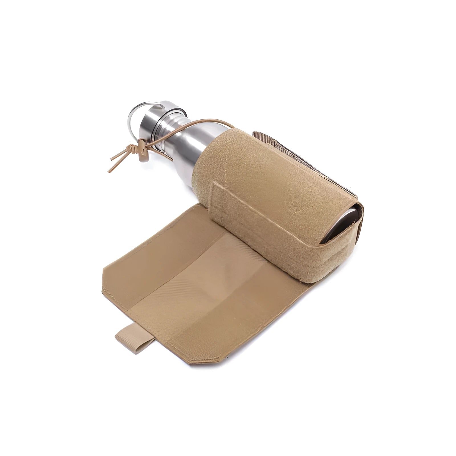 Adjustable black Oxford cloth heat-holding cover stretched over a water bottle