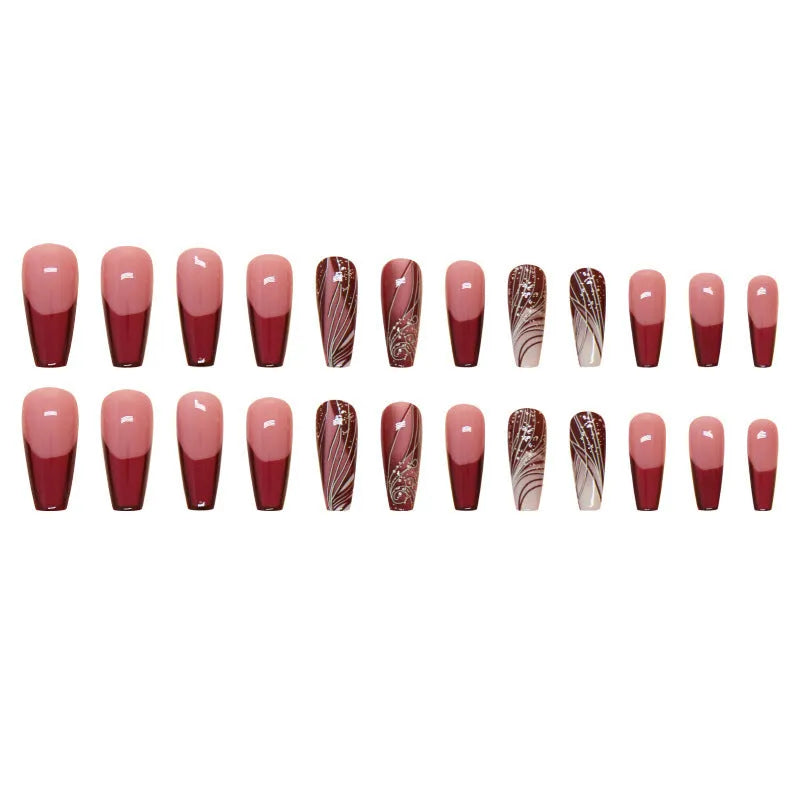 French line pattern fake nails with removable adhesive on plastic backing next to glue tube