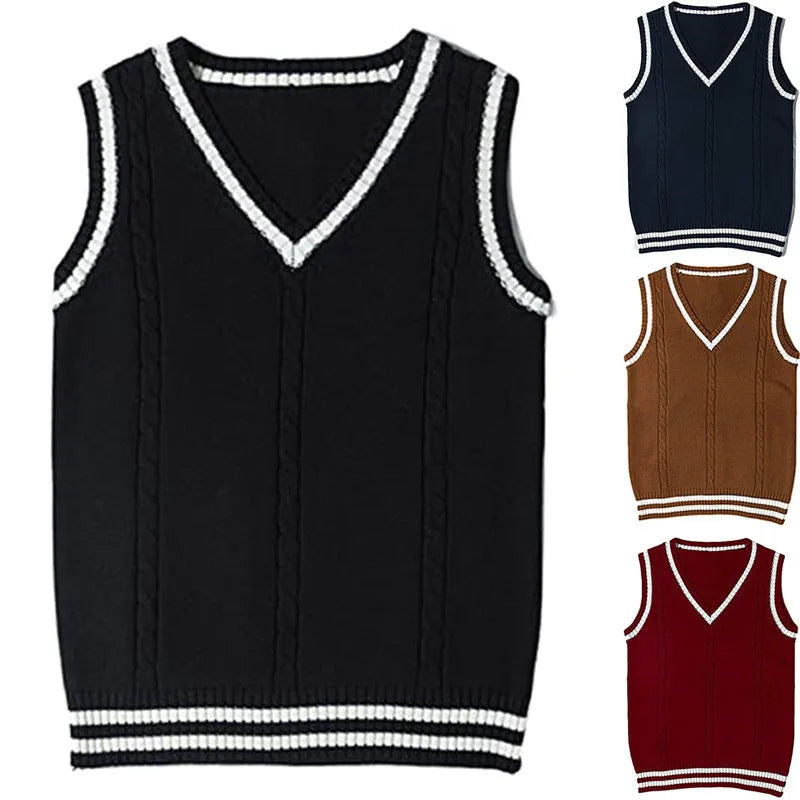 Women's slim fit V-neck knitted waistcoat with striped stitching in acrylic fabric
