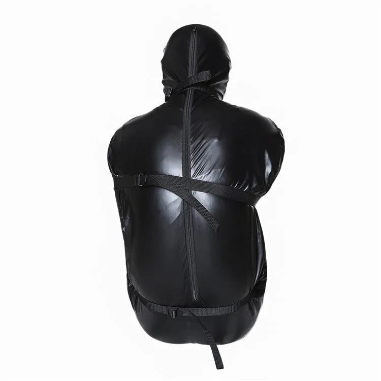 Black patent leather bondage set with body wrap and six ratchet tie down pieces