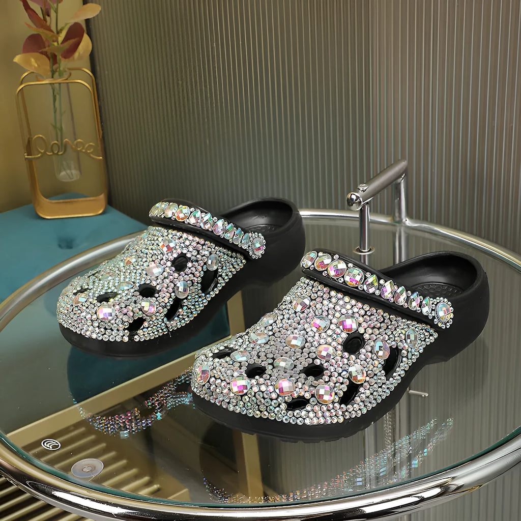 Black platform sandals for women with rhinestone decorations and hole-patterned EVA upper