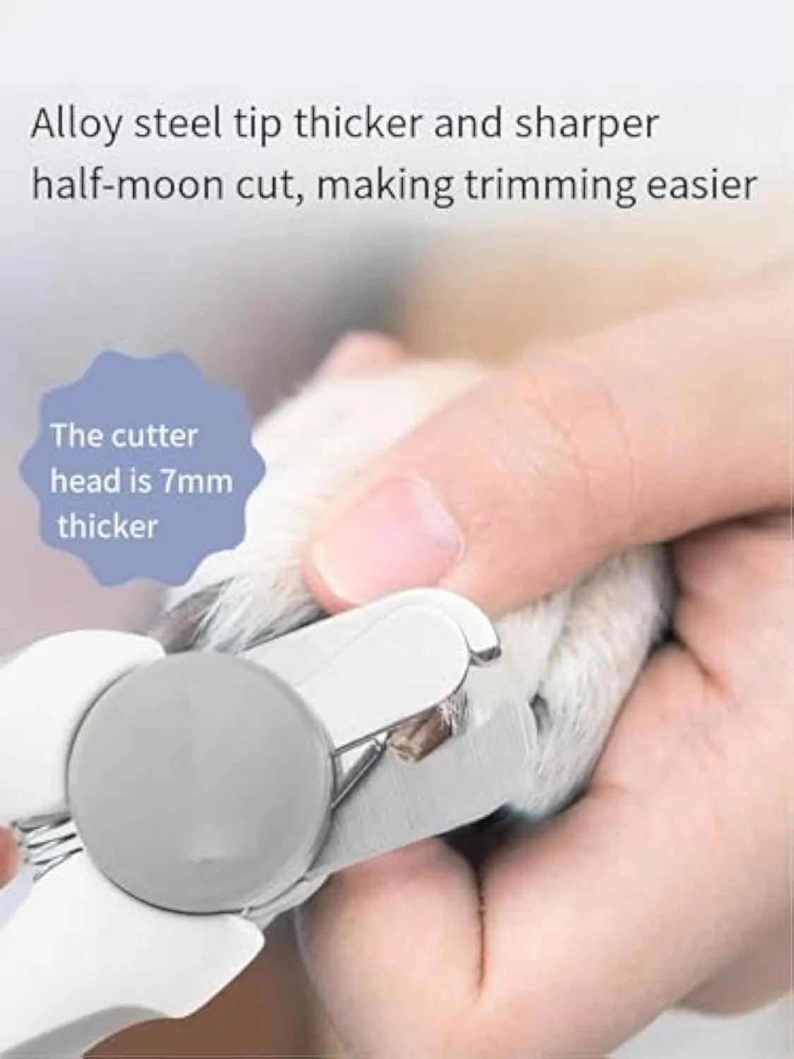 Blue heavy-duty dog nail clippers with a visible safety guard, shown next to a dog's paw.