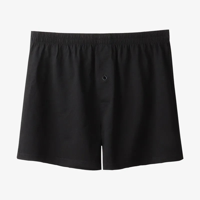 Men's pure cotton loose fit boxer shorts in solid black, light gray, and navy blue with high waist design
