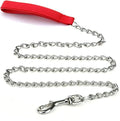 Heavy duty metal dog chain leash with a soft black padded handle, shown in red.