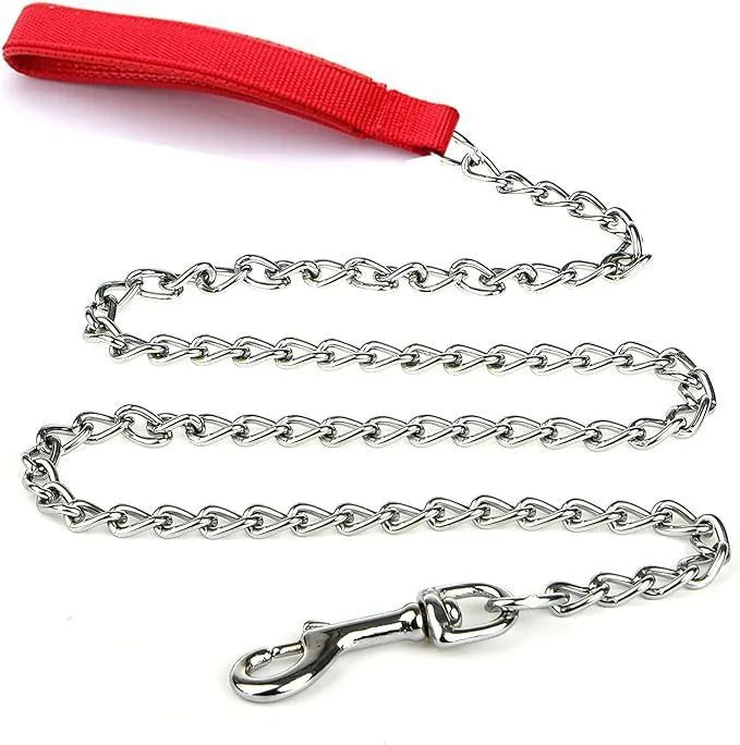 Heavy duty metal dog chain leash with a soft black padded handle, shown in red.