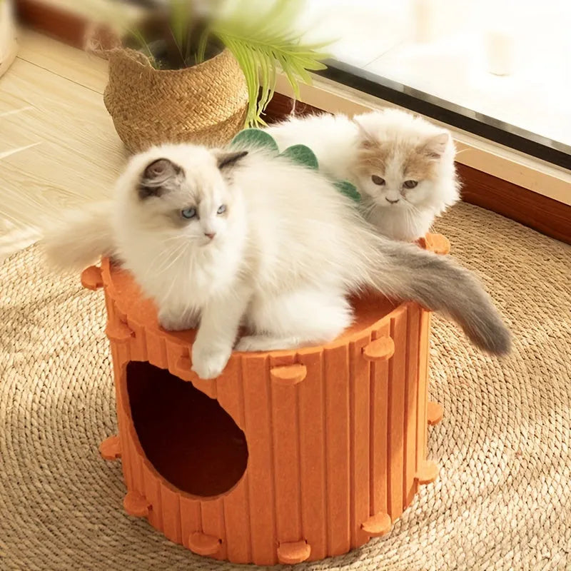 Carrot-shaped grey felt cat tunnel nest, semi-enclosed with drilled openings, shown in two sizes.