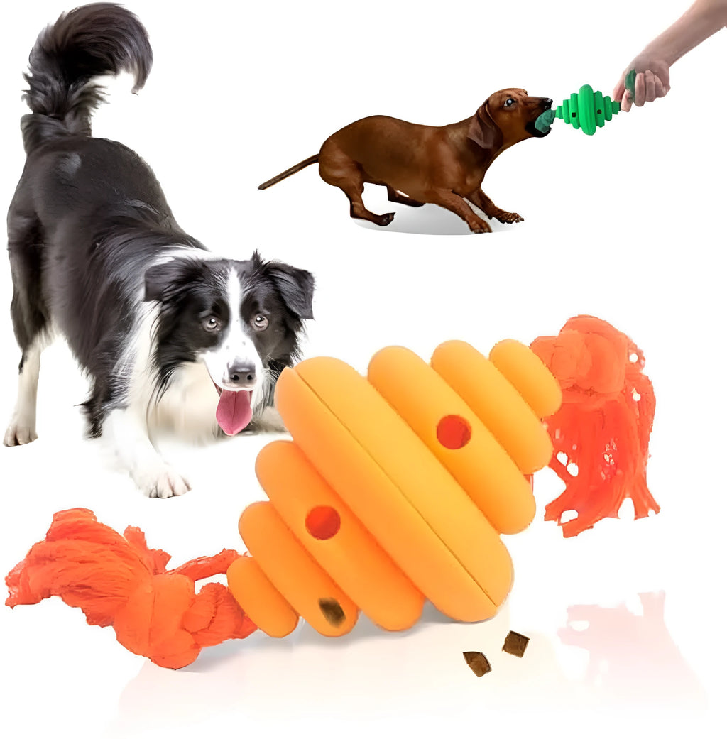 Green and yellow silicone dog ball with knotted rope, a treat-dispensing toy for large dogs.