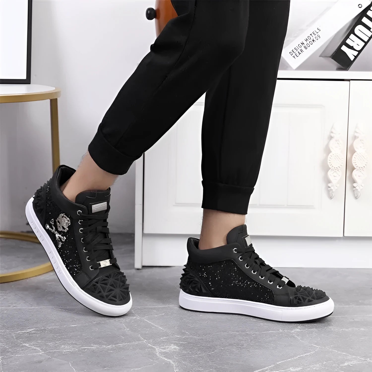 Men's black genuine leather skeleton high top shoes with lace-up front