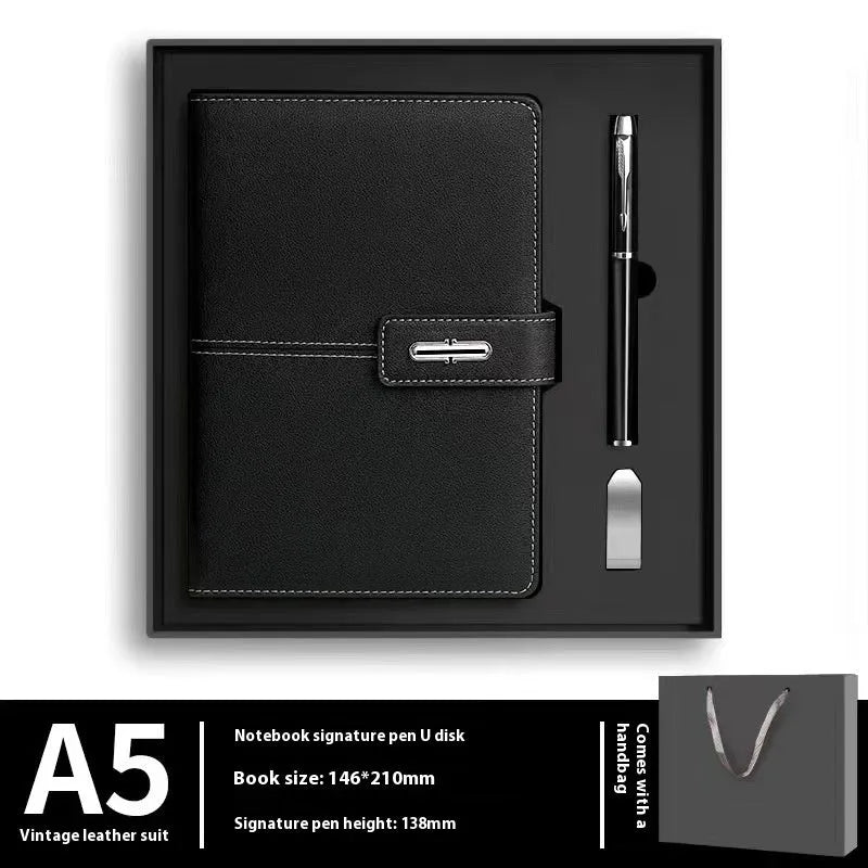 A5 notebook with a PU leather cover, open to show wood-free paper pages.