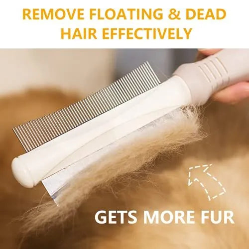 White double-sided pet grooming brush with curved comb and deshedding blades on ergonomic handle