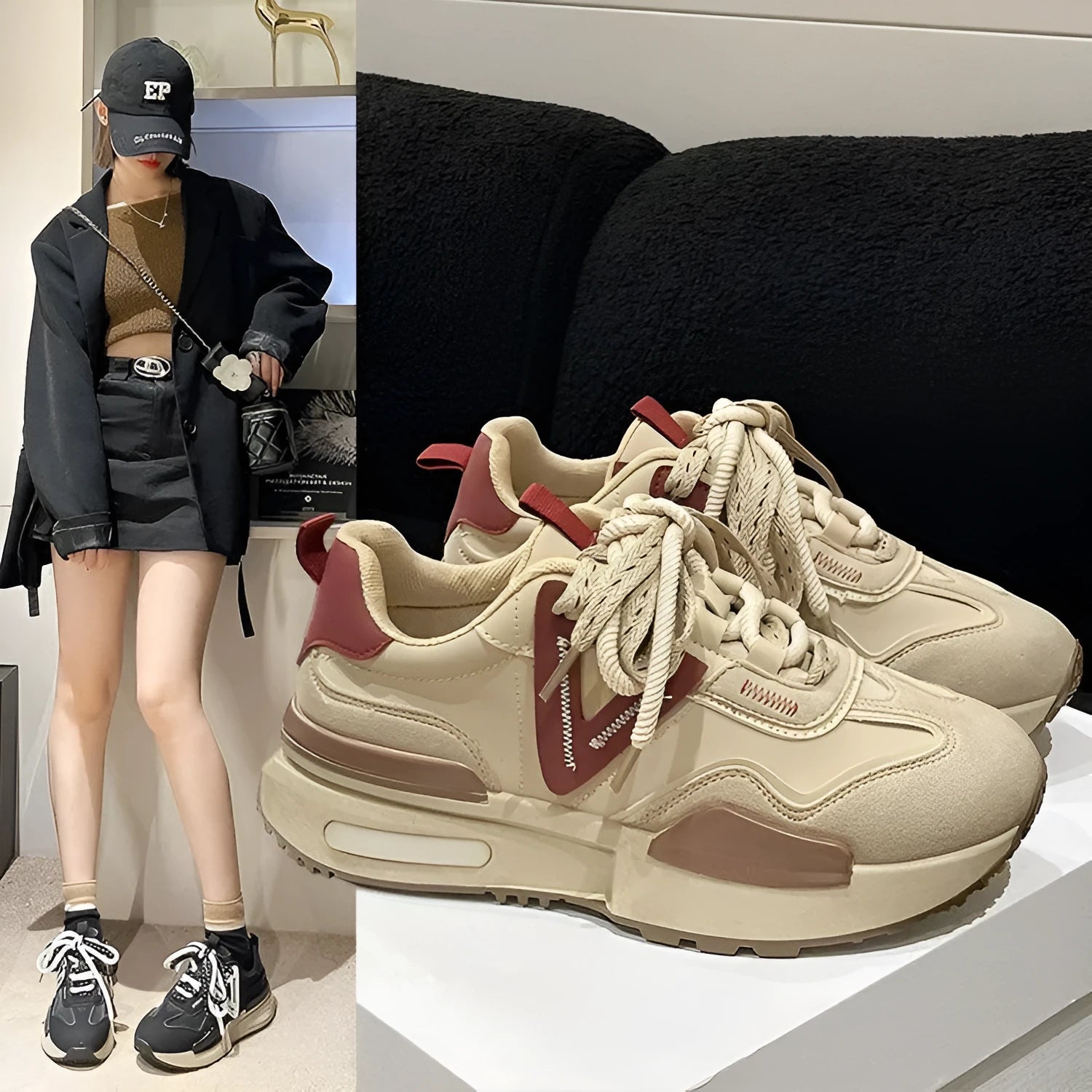 Women's black retro platform sports shoes with a round toe and lace-up front.