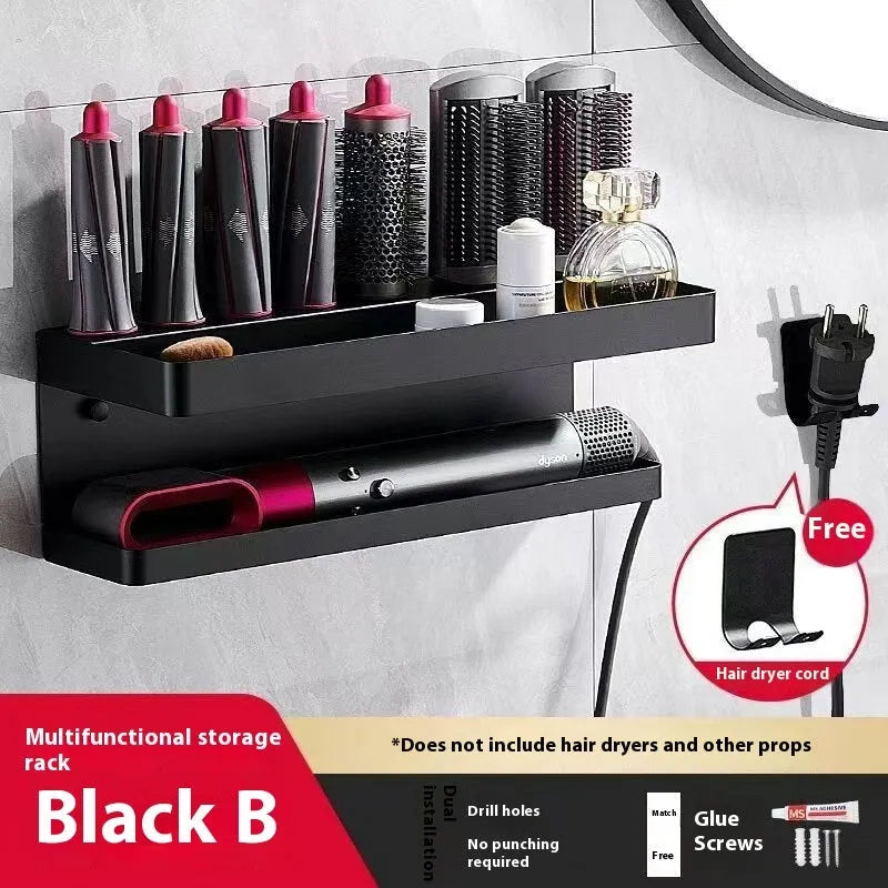 Aluminium double layer punch-free bathroom storage rack for hair curlers in black colour