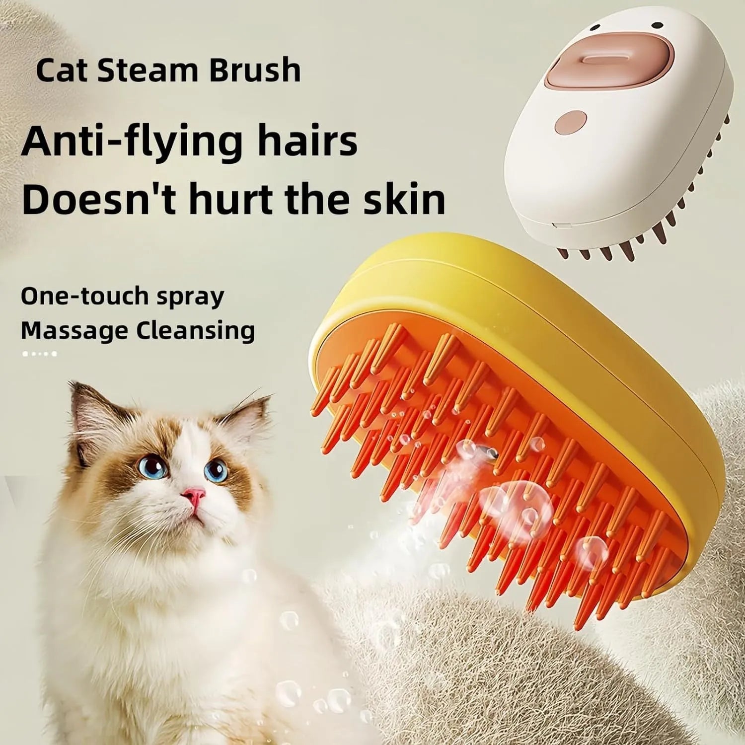 White or yellow rechargeable steam brush for grooming cats and dogs with rubber comb teeth