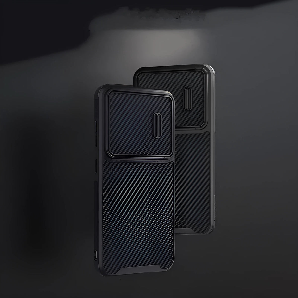 Black Samsung S23 Ultra phone case with a sliding lens cover over the camera module.