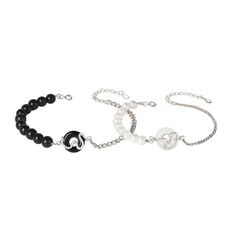 925 sterling silver couple bracelet with obsidian pearl and safe buckle in New Chinese style
