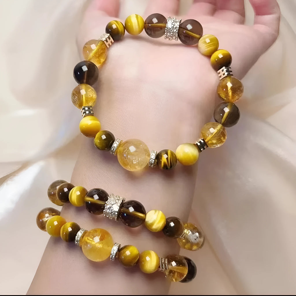Natural yellow tower crystal string beads bracelet with 10mm Jinba large beads