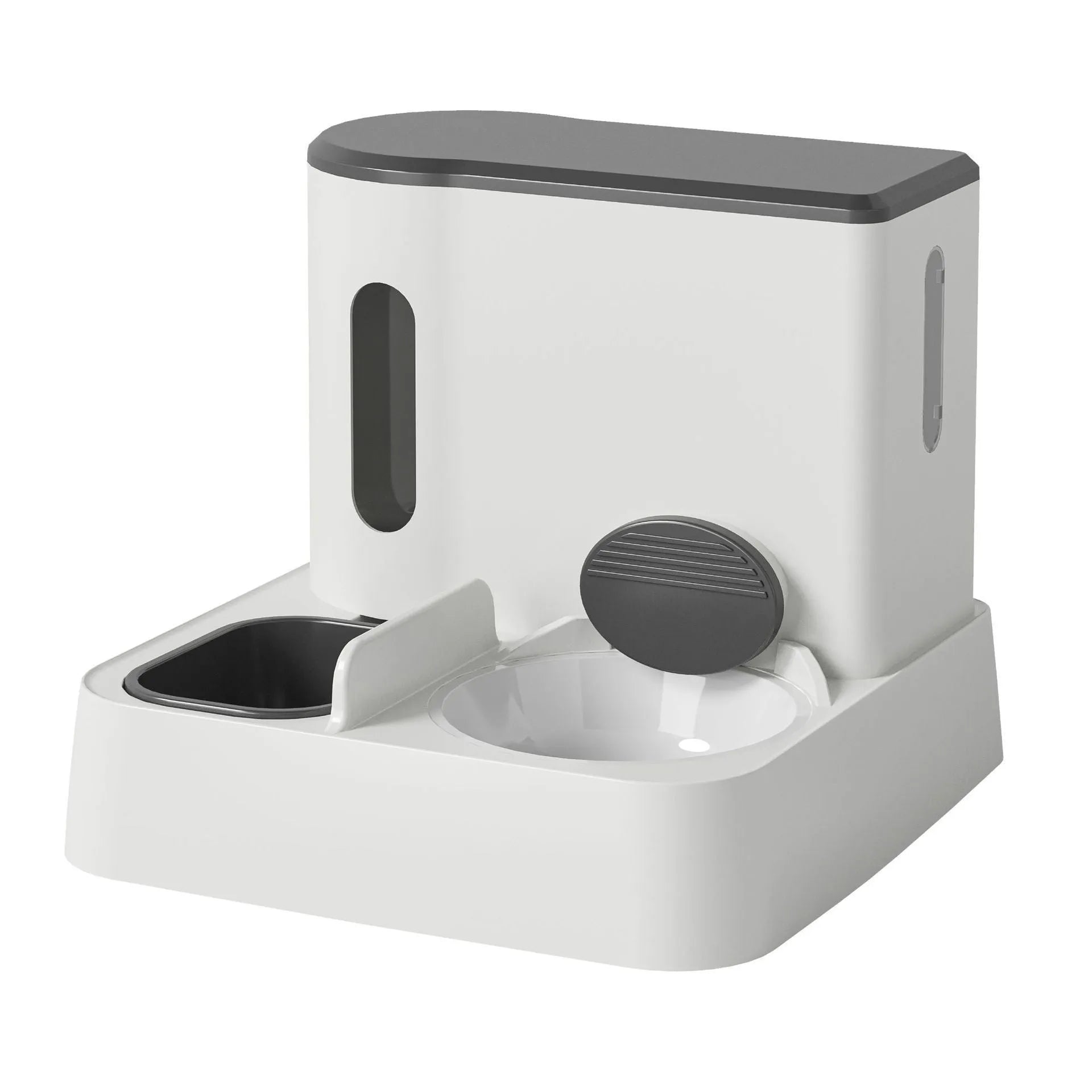 Grey automatic cat feeder and water dispenser station with integrated double bowls