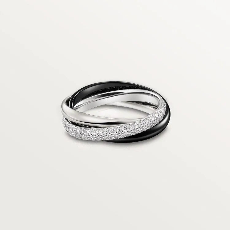 Silver geometric U-shaped couple rings with full diamond coverage in silver-black colour