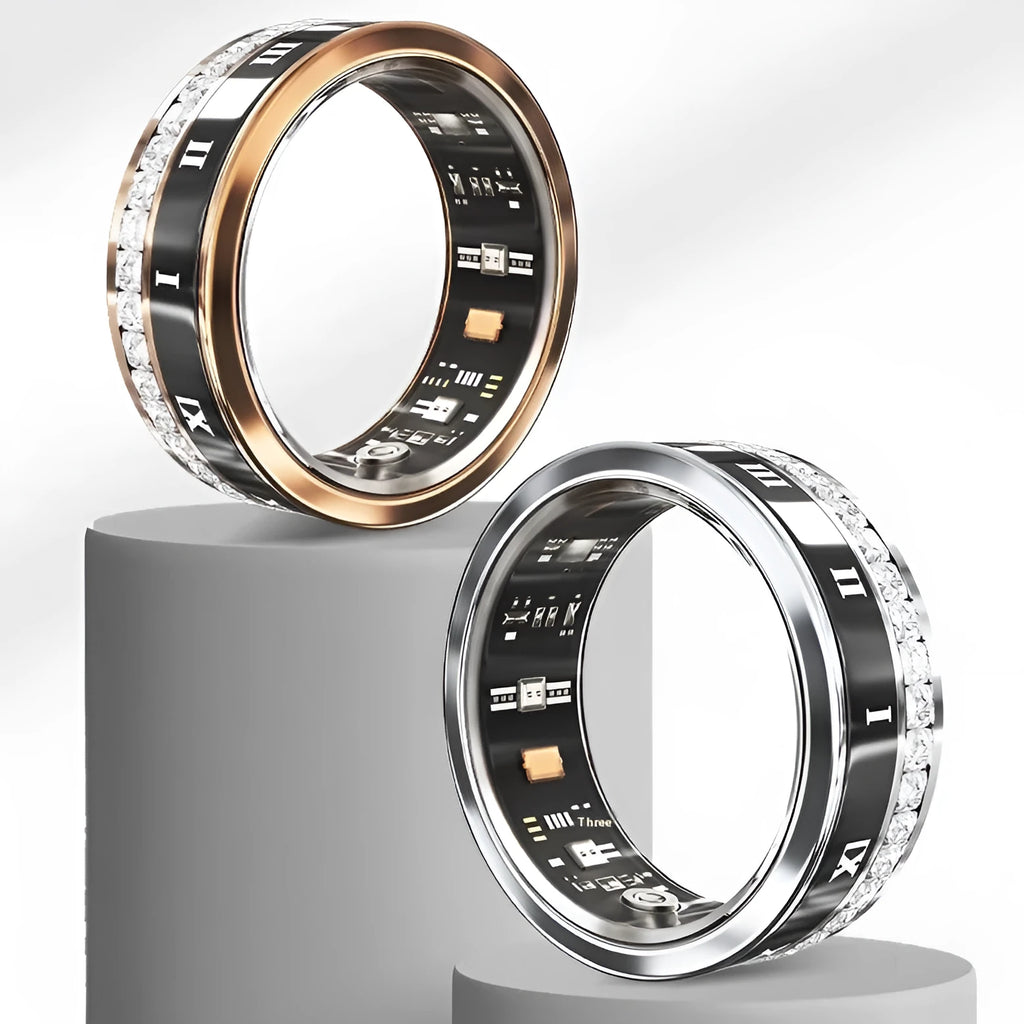 Gold and silver diamond inlaid smart ring for health monitoring on a finger.
