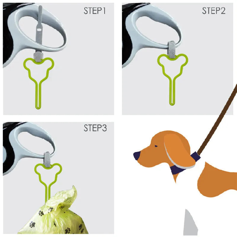 A hands-free dog poo bag holder with a fixed clip and adjustable Velcro strap attached to a dog lead.