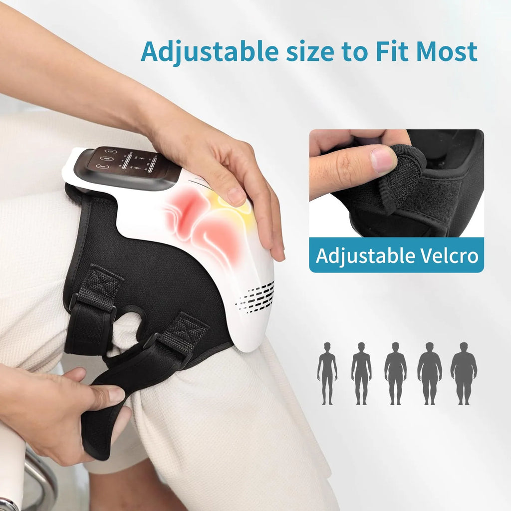 White rechargeable electric knee massager showing wrap design for infrared heat and vibration therapy.