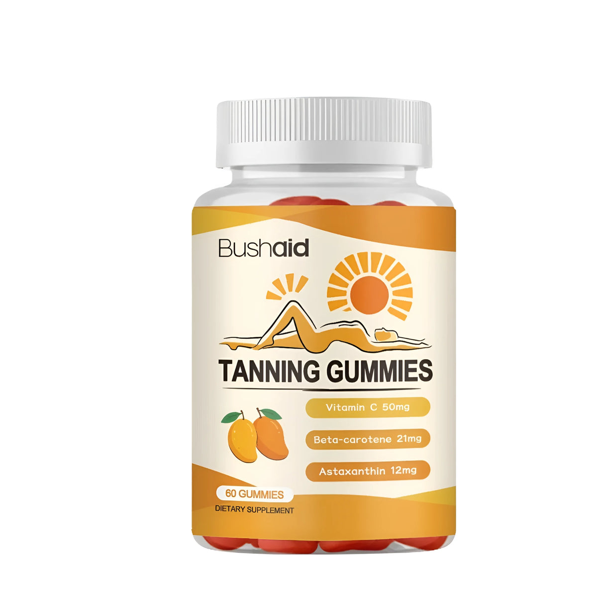 Bottle of Meihei white cap gummies, a 60-count dietary supplement containing astaxanthin and lycopene.