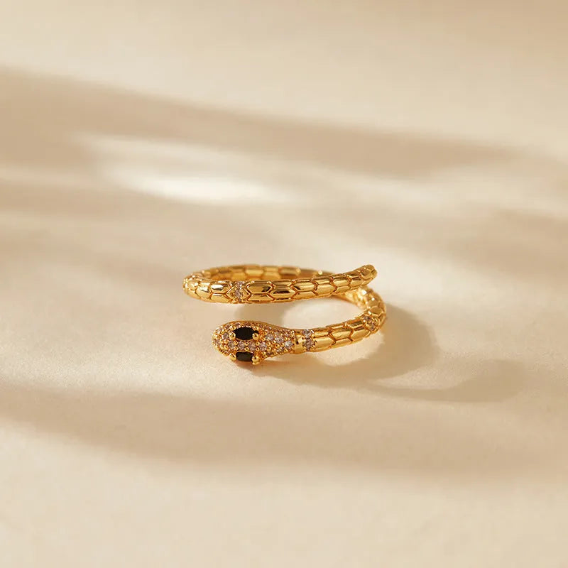 Adjustable snake-shaped copper ring with diamond treatment and 18K gold plating for index finger