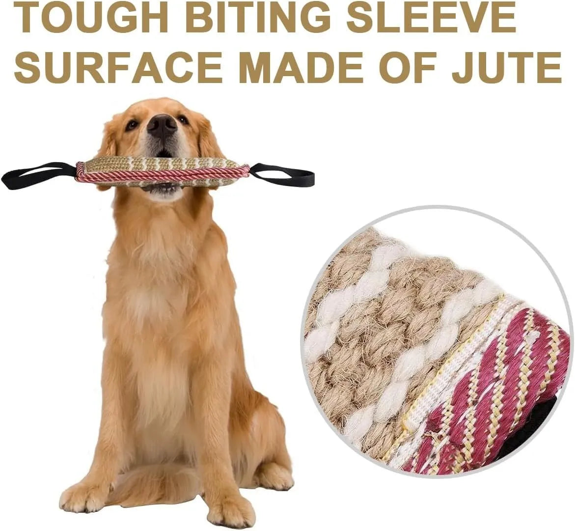 Beige jute dog tug toy with double stitching and two handles for small and medium dog training