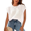 White loose-fitting pullover sweater with crochet detail on sleeves, round neck design