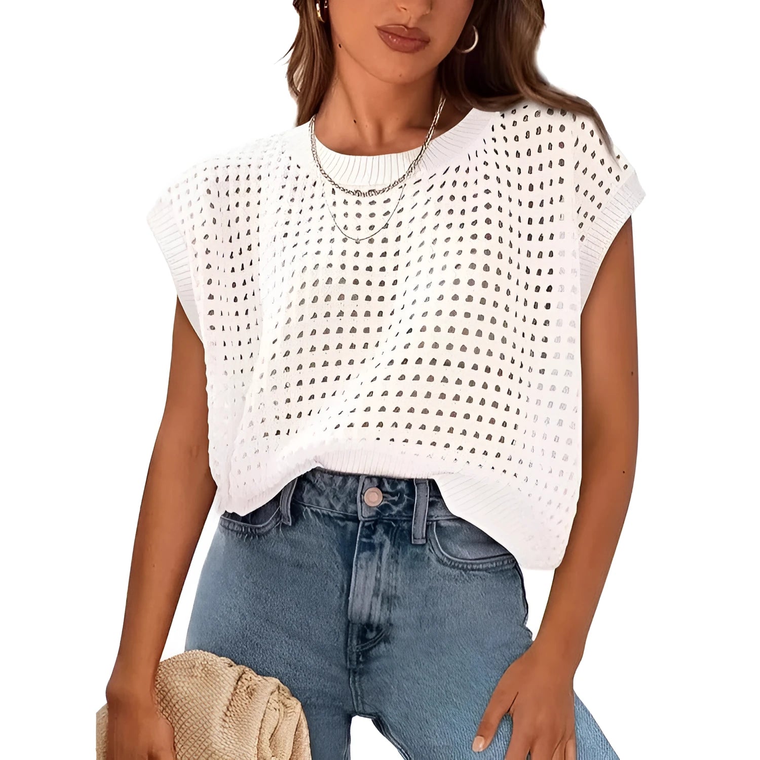 White loose-fitting pullover sweater with crochet detail on sleeves, round neck design