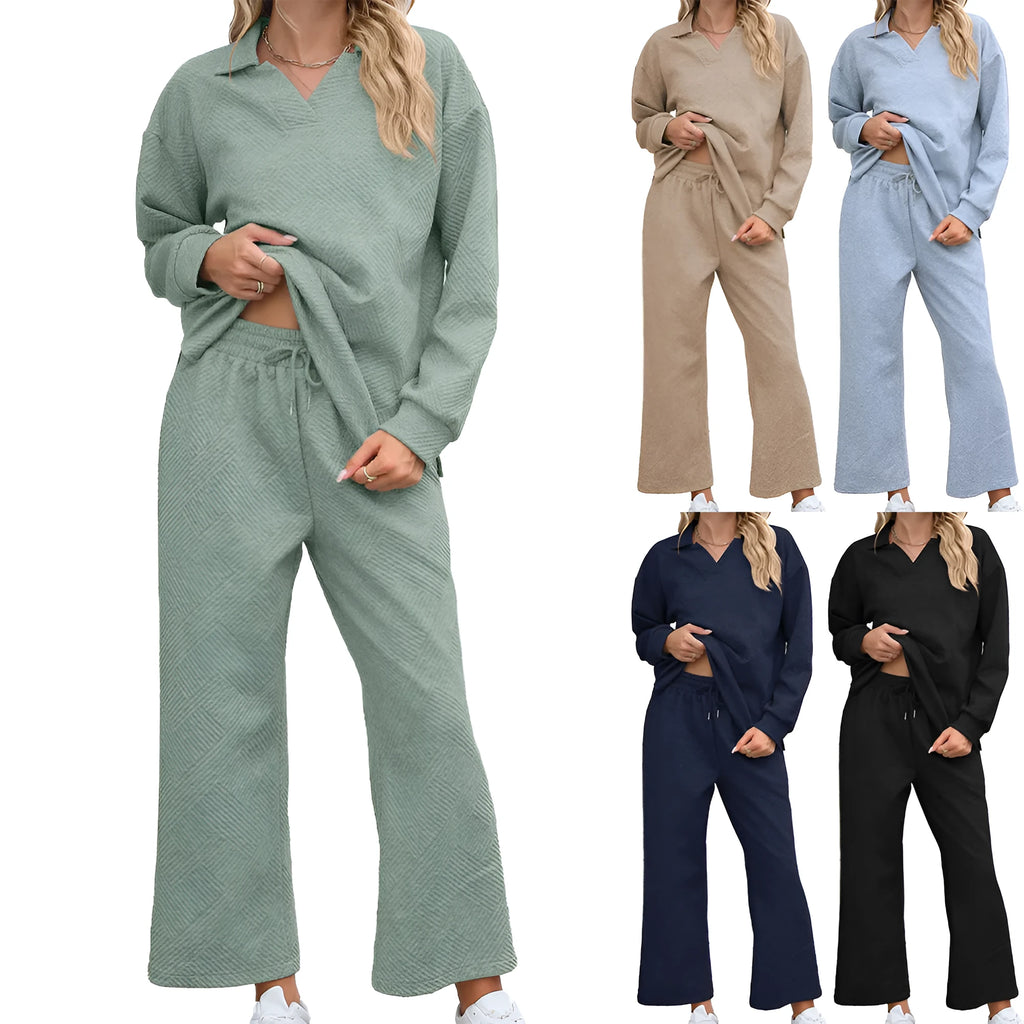 Women's black knitted jacquard suit with geometric pattern, long sleeves, and elastic waist cropped pants