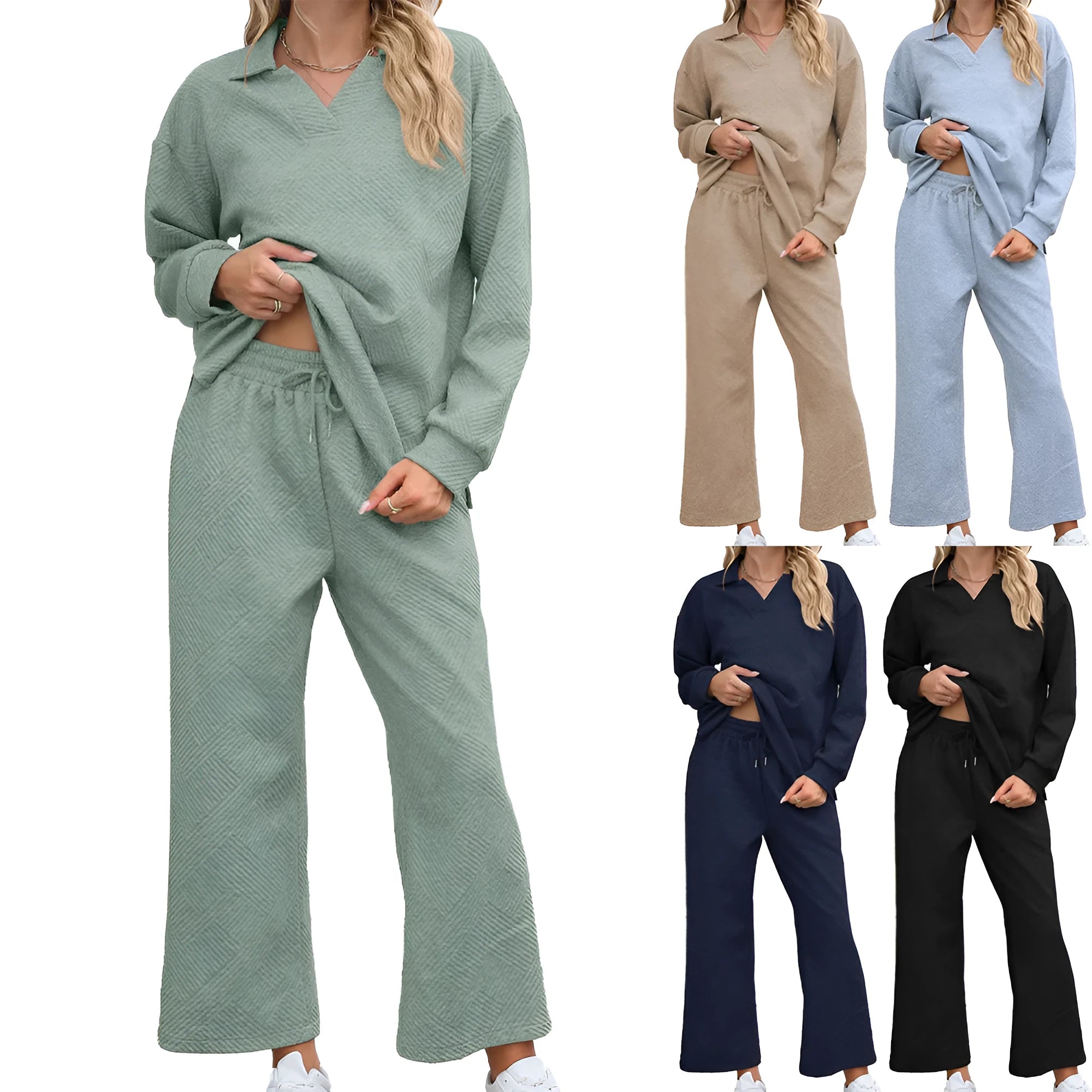 Women's black knitted jacquard suit with geometric pattern, long sleeves, and elastic waist cropped pants