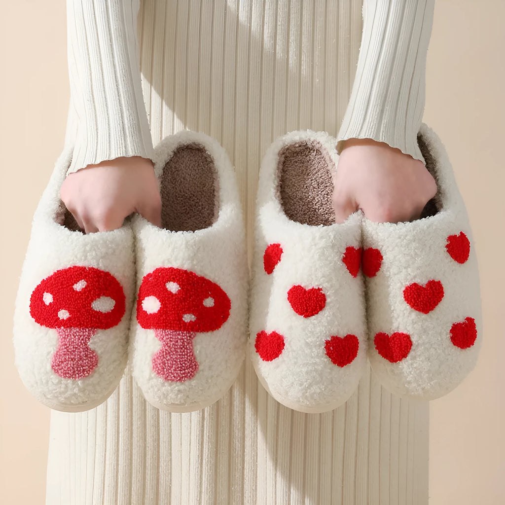Women's plush cartoon love style home slippers with PVC non-slip soles in five colour options