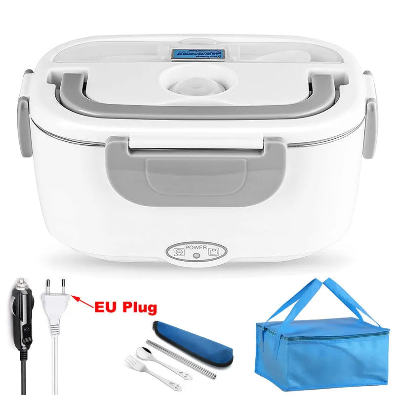Grey electric lunch box with dual power for car and home use showing plastic body with stainless steel interior