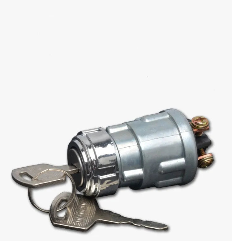 Copper ignition switch with key for trucks and forklifts, showing colour-coded key options