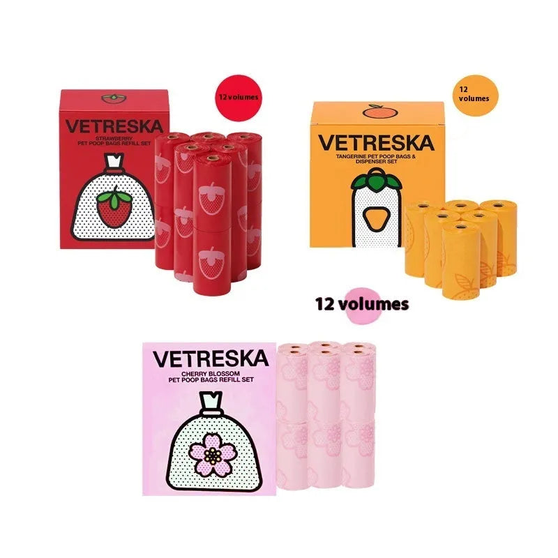 Dog waste disposal capsule with biodegradable bags in strawberry, orange, and cherry blossom colour options