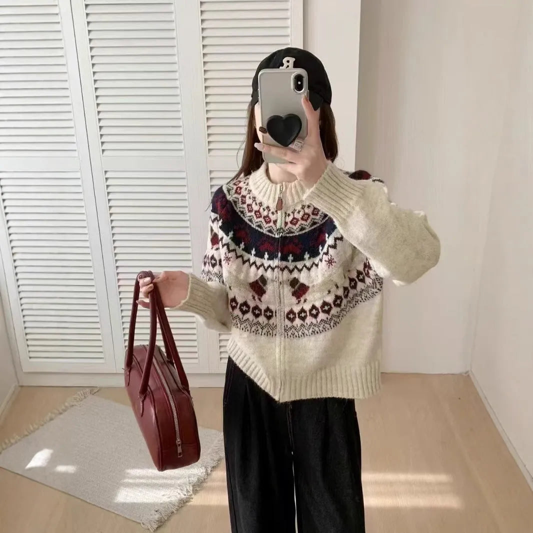 Ethnic style heavy industry jacquard round neck pullover sweater with 3D effect pattern in beige apricot or navy blue loose fit