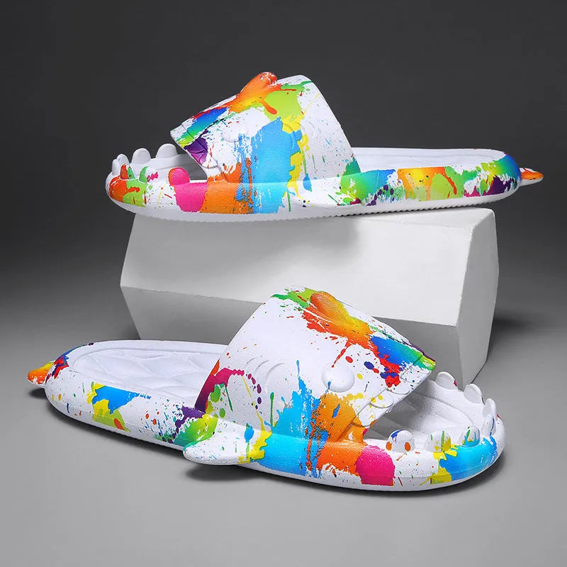 Shark design open-toe home slippers in EVA material on a white background.