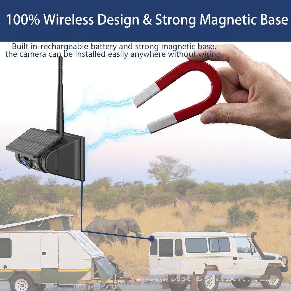 YL-Solar WF908 black wireless reversing camera with magnet base and solar panel on top