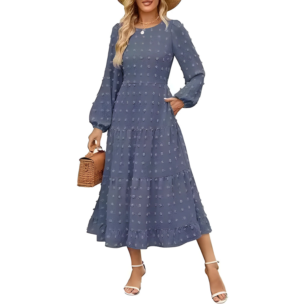 Women's long sleeve high waist casual dress in solid colour with ruffled sleeves.
