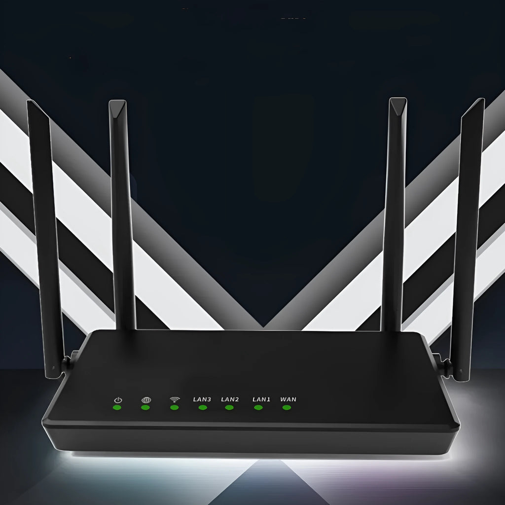 Portable bare metal WiFi router showing six ports including WAN, LAN, power and reset interfaces