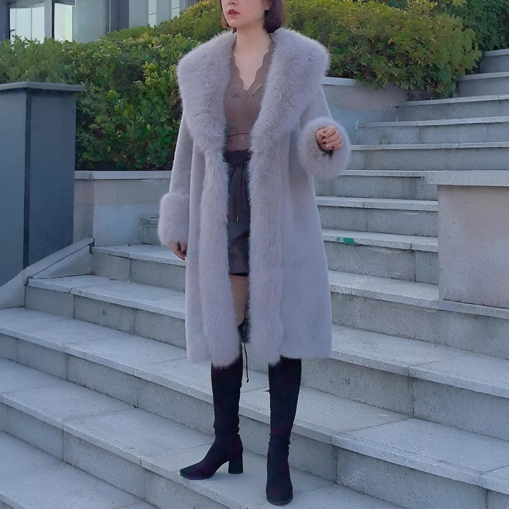 Women's thick faux rabbit fur leather coat in grey with artificial fur collar, mid-length design