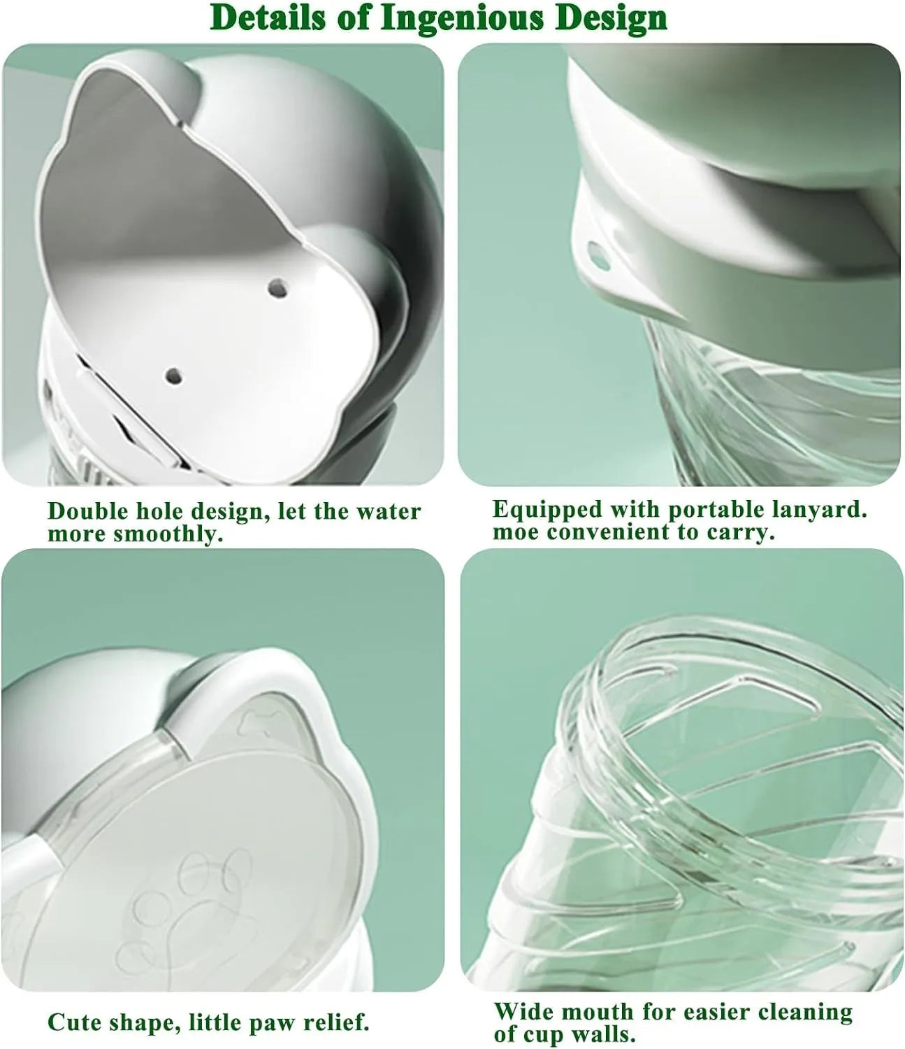 Green 3-in-1 pet water bottle with food container and garbage bag dispenser for dog walking