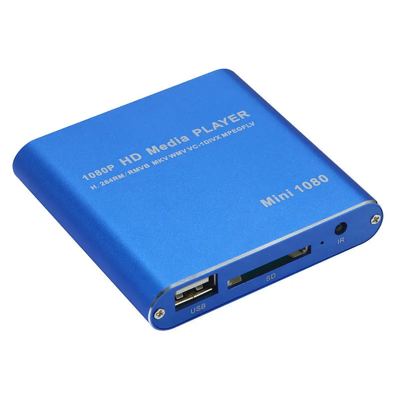 Compact black HDMI media player with USB port and remote control for 1080P video playback