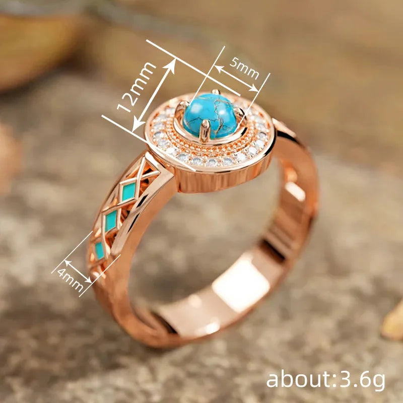 Women's turquoise geometric ring with inlaid zircon stones on rose gold copper band