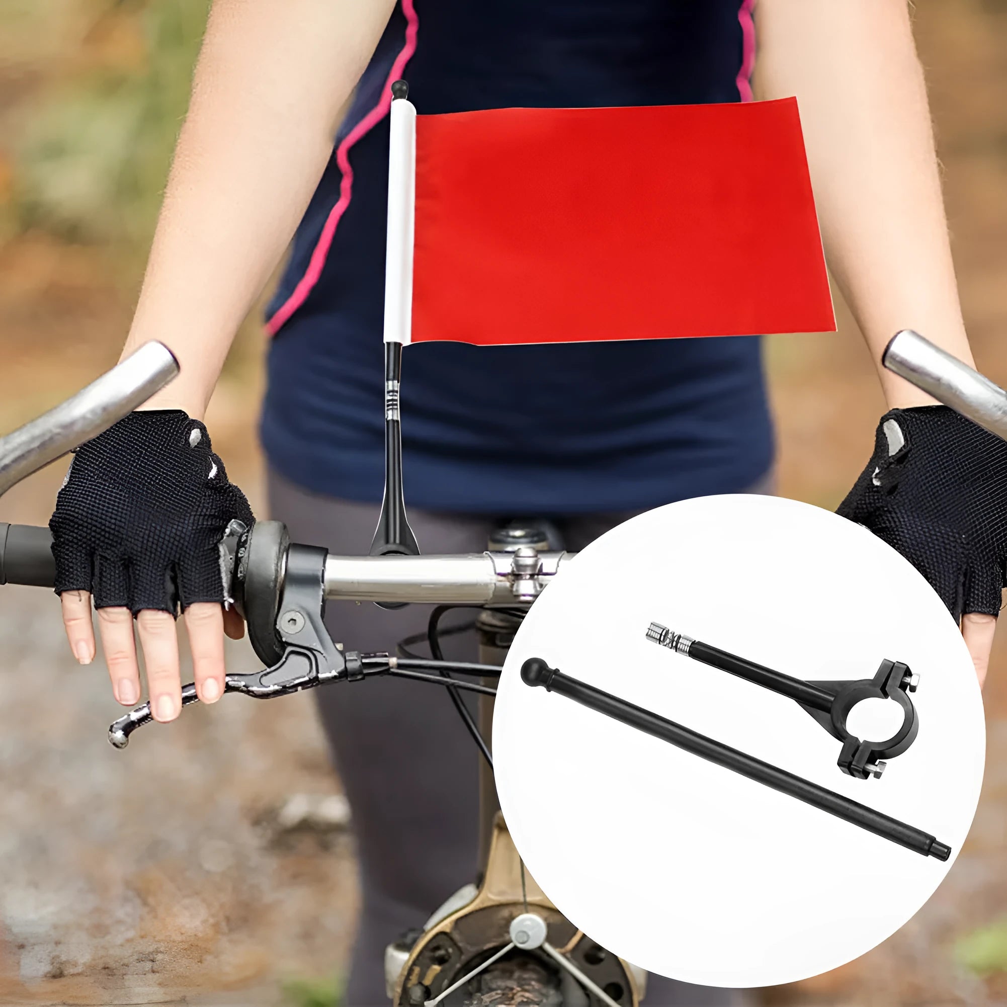 Square polyester car flag mounted on plastic handlebar flagpole for promotional display