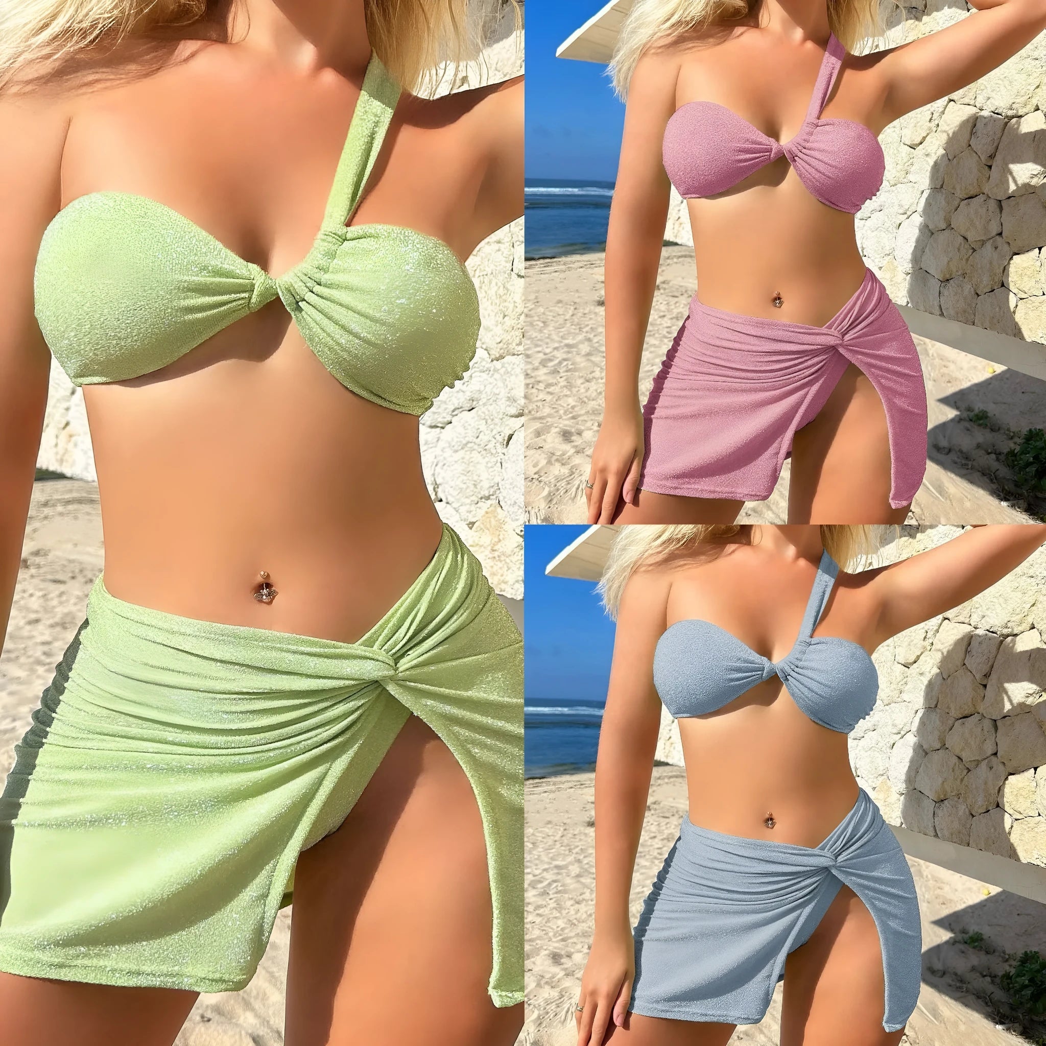 Women's one-shoulder tube top swimsuit three-piece set in glossy polyester fabric.