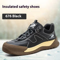 Flyknit leather work shoes with rubber sole, shown in black, brown, grey, and khaki colours.